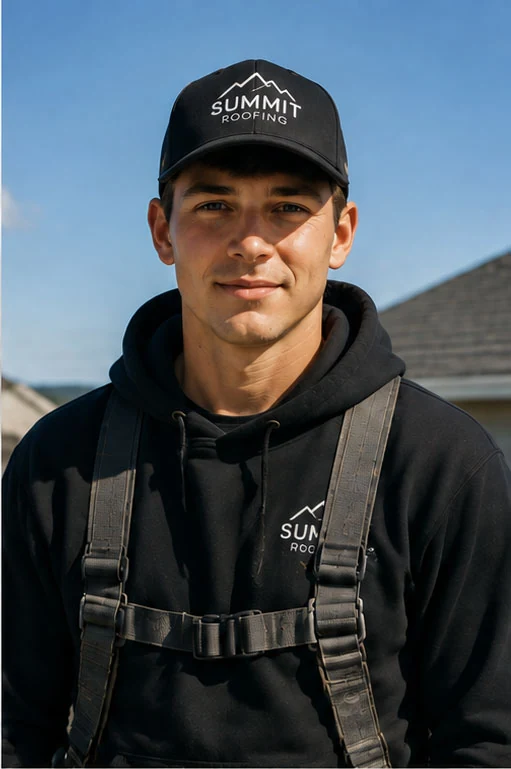 Roofer wearing a safety harness and Summit Roofing cap outdoors