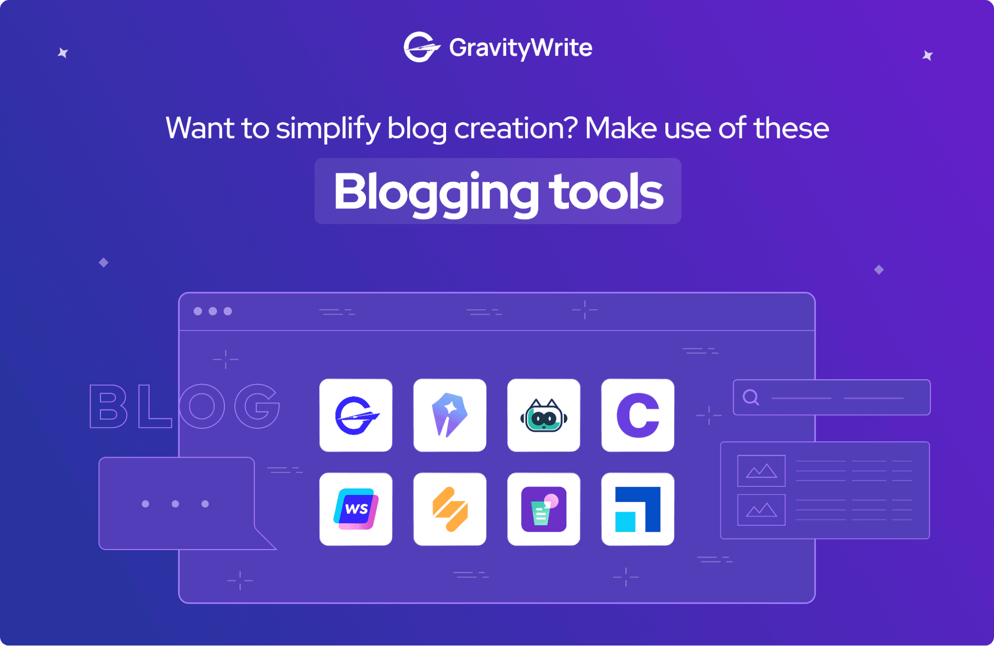 Graphic with a purple gradient background displaying icons of AI blogging tools arranged neatly in a grid format, with bold white blog creation text.