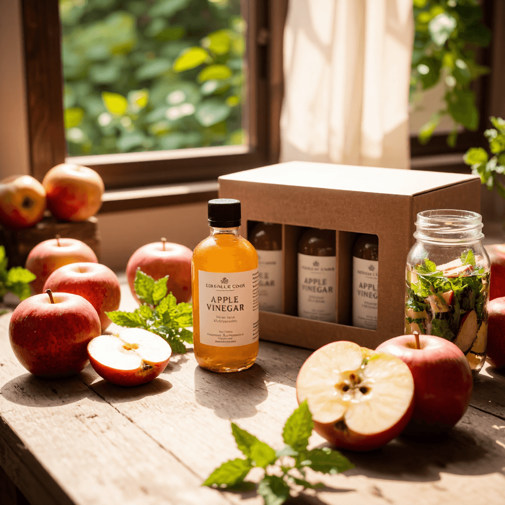 product photography of 3 bottles of apple vinegar gift set box
