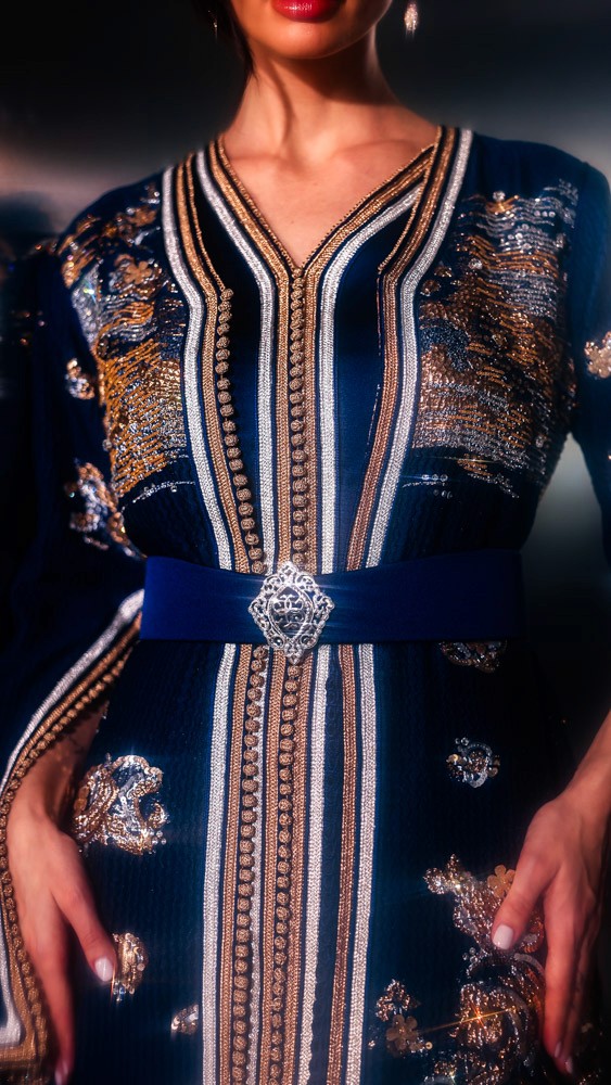 Black Moroccan caftan with gold hand embroidery, elegant handcrafted couture piece prepared in Bahrain