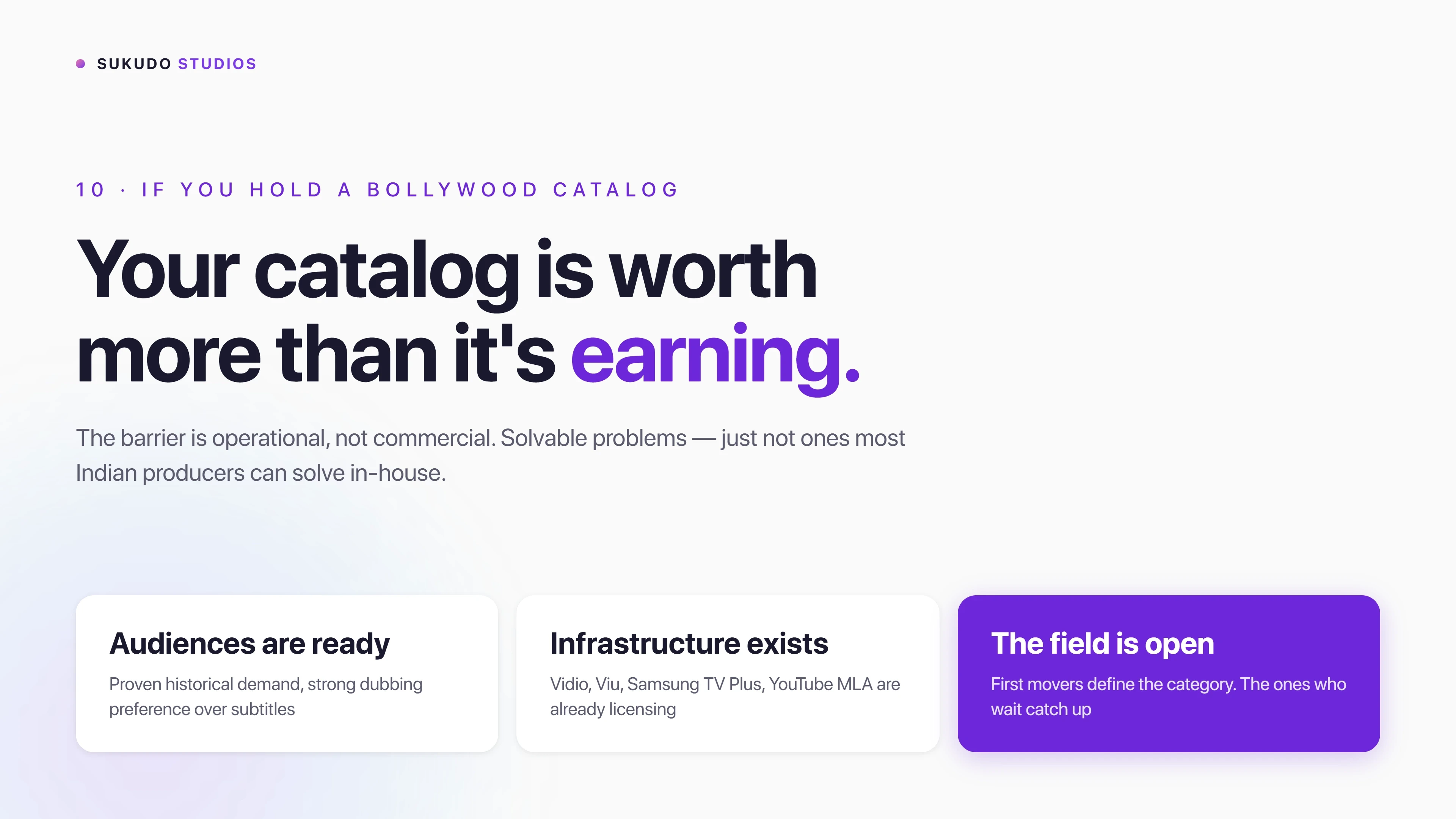 Case study slide arguing Bollywood catalogs are under-earning because the barrier is operational rather than commercial, with audiences ready, distribution infrastructure in place and the category still open