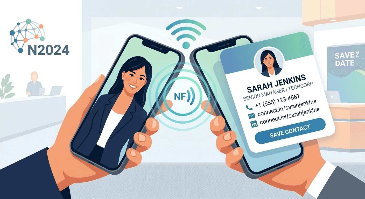 NFC tap digital business card exchange between smartphones showing instant contact sharing