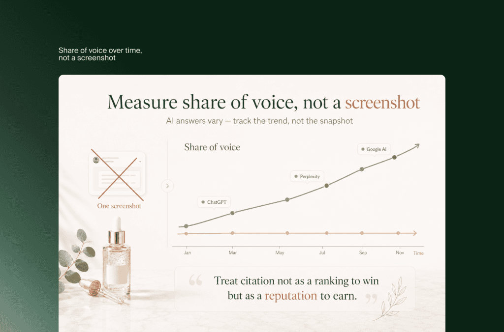Liniendiagramm zum KI-Share-of-Voice über ein Jahr in ChatGPT, Perplexity und Google AI statt eines einzelnen Screenshots