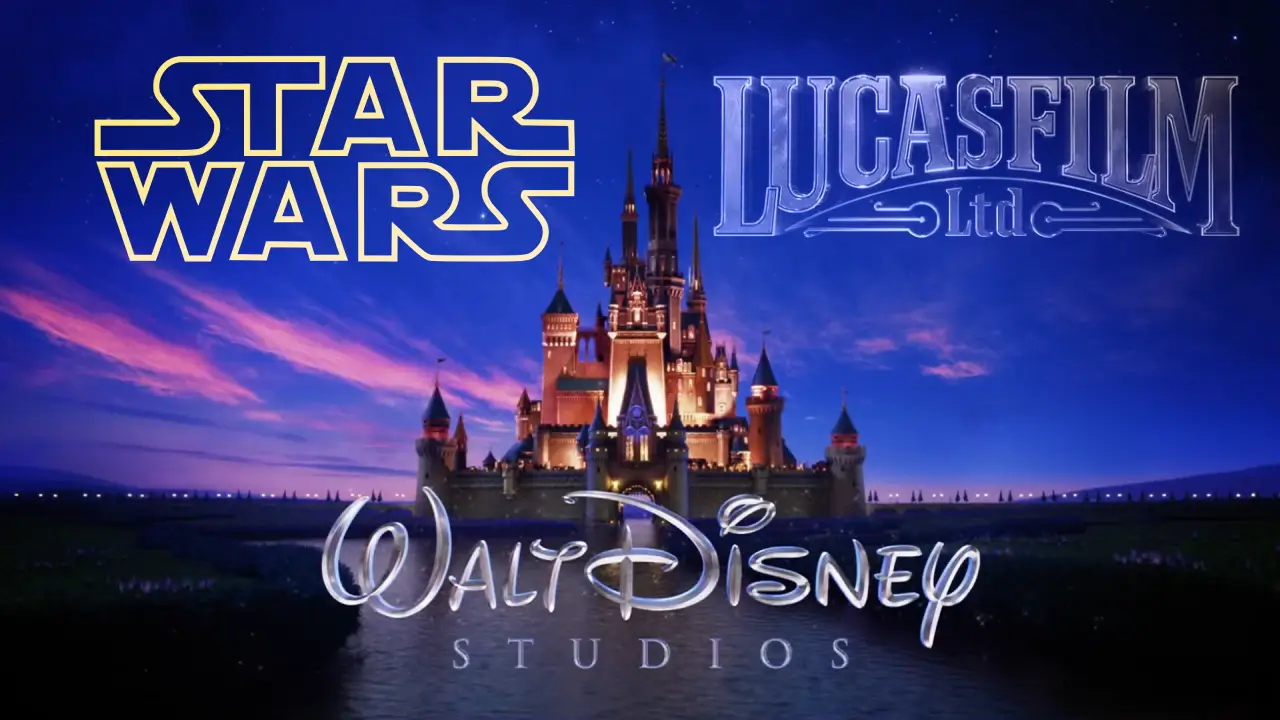 The image features logos of Star Wars and Lucasfilm Ltd, with a prominent view of the iconic Walt Disney Studios castle, set against a deep blue, starry sky.