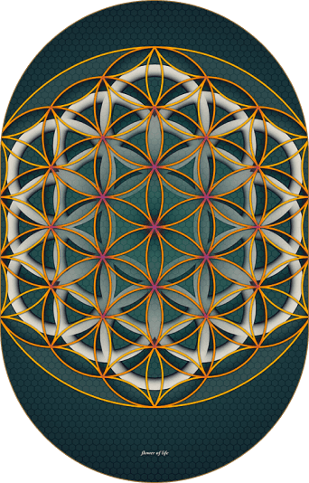 Intricate geometric pattern featuring interwoven circles and lines in earthy tones on a dark background.