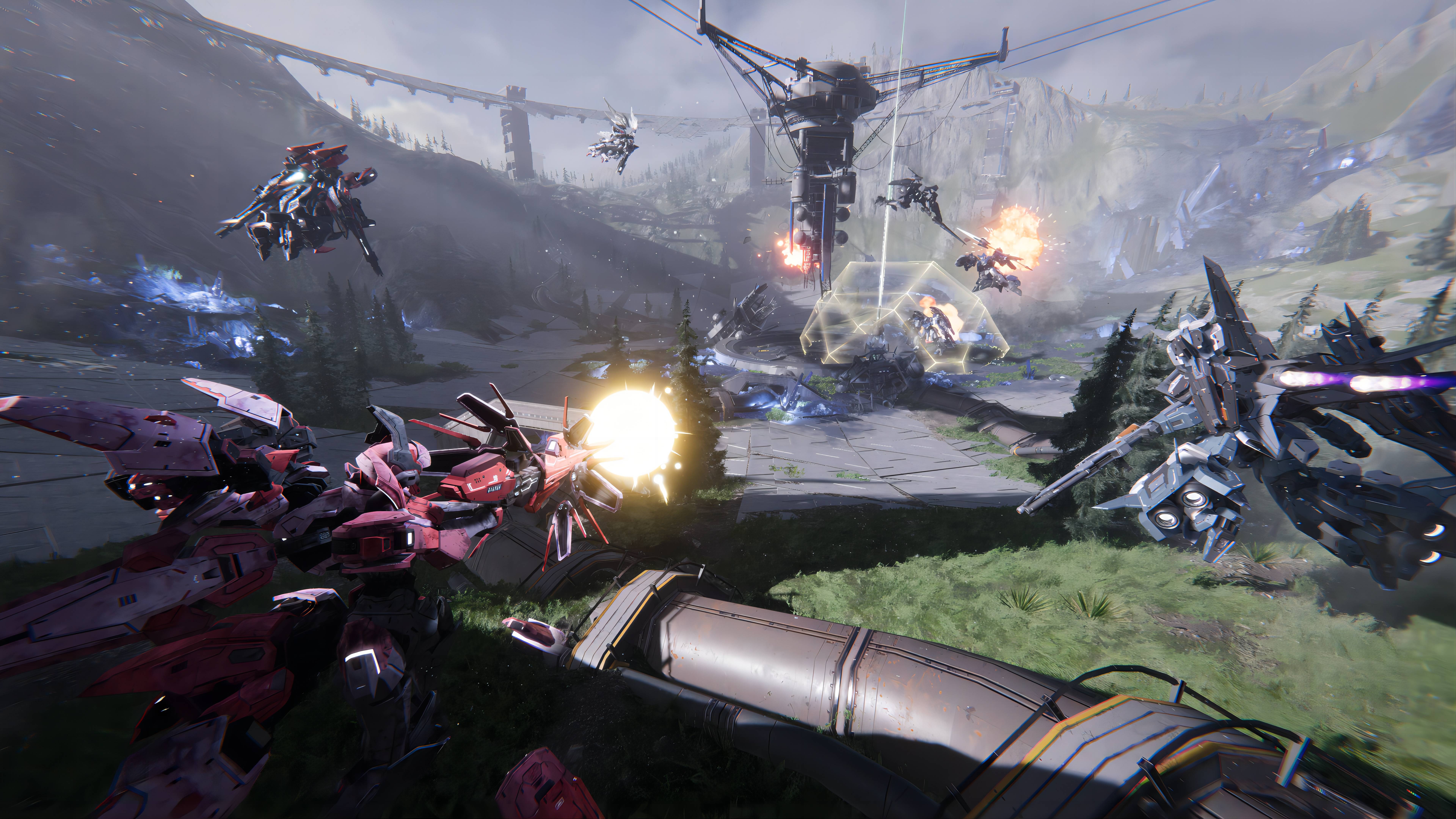 A futuristic battle scene with robots. A red and silver mech fires a weapon at multiple flying robots near a large, damaged mechanical structure. The landscape is mountainous with smoke and explosions in the background.