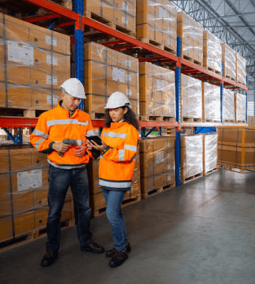image of two people wearing orange high vis stood in a warehouse with pallets of goods stacked up on racking behind them