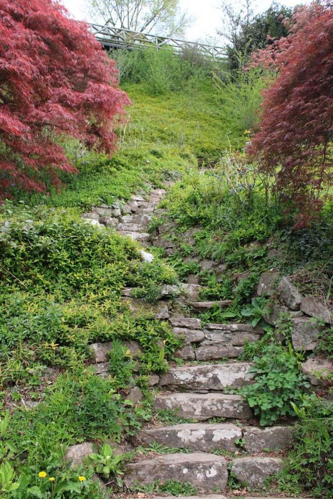 a set of stone steps leading to a lush green hillside