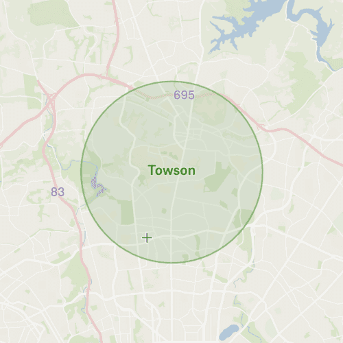 Map with circle over towson maryland remodeling service area