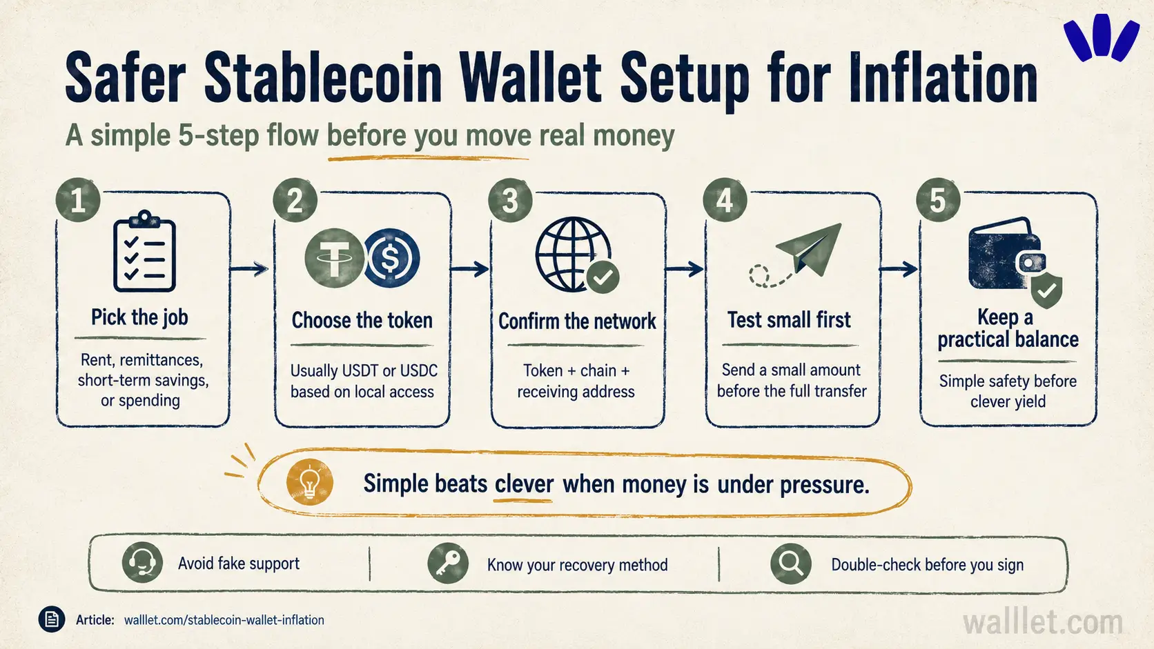 Five-step safer stablecoin wallet setup for inflation, including choosing a token, confirming the network, and testing small first.