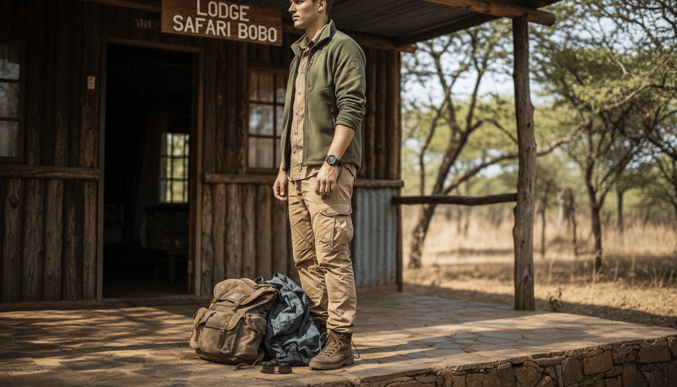 Superposer différentes pièces de vêtements safari sur la terrasse d’un lodge en Namibie