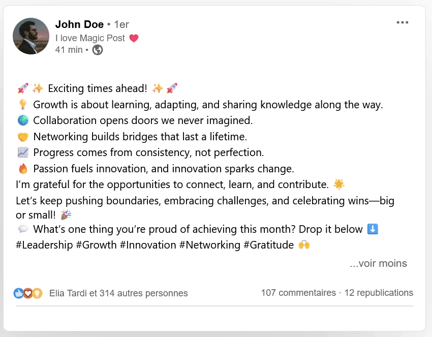 A screenshot showing an example LinkedIn post where the emojis are overused