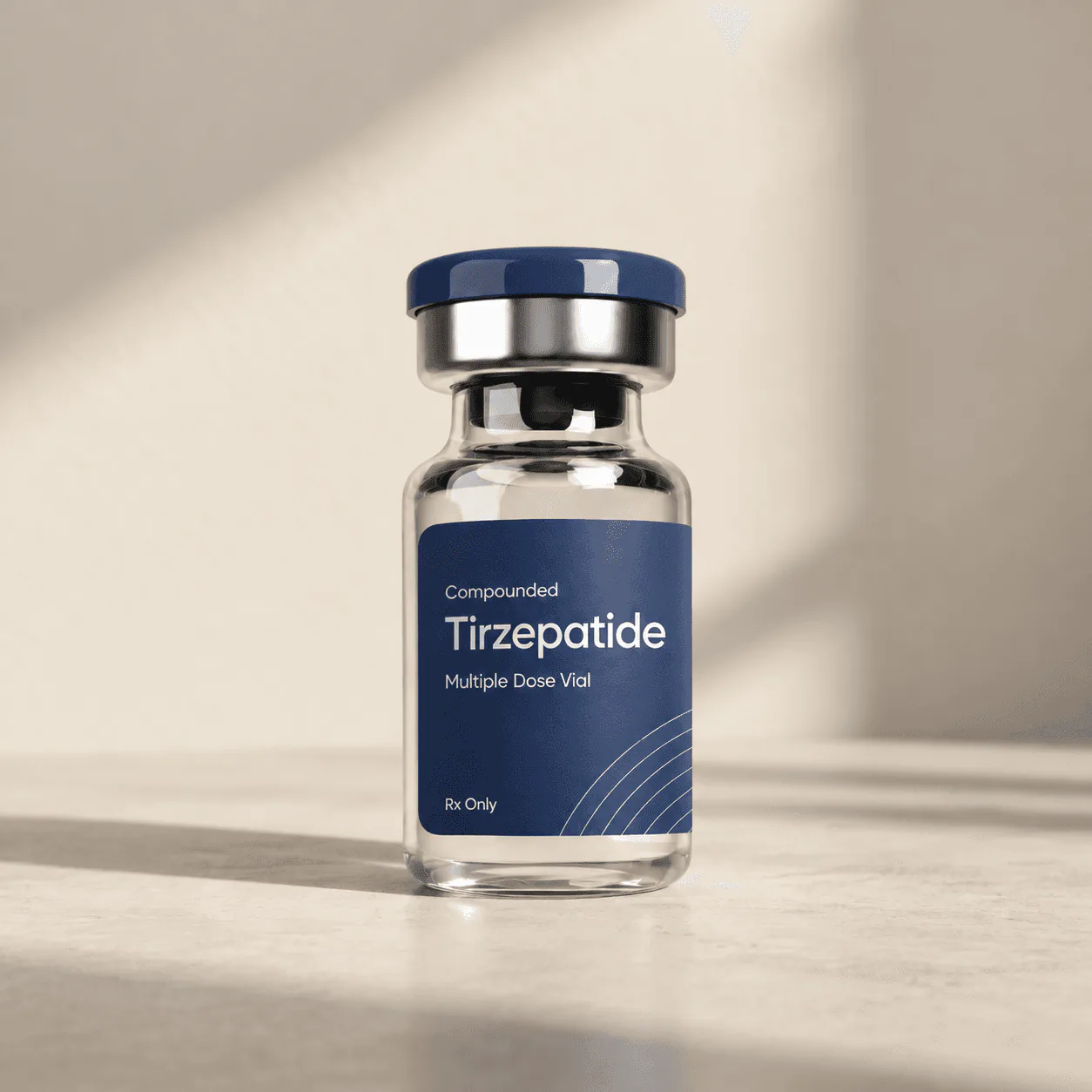 Vial labelled Compounded Tirzepatide, Multiple Dose Vial, Rx Only, in soft window light