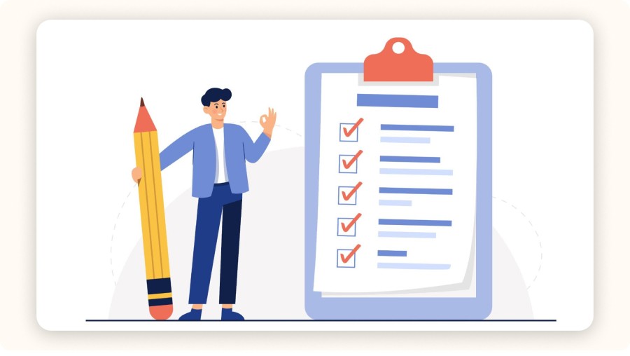 Illustration homme tenant crayon géant devant checklist cochée sur clipboard