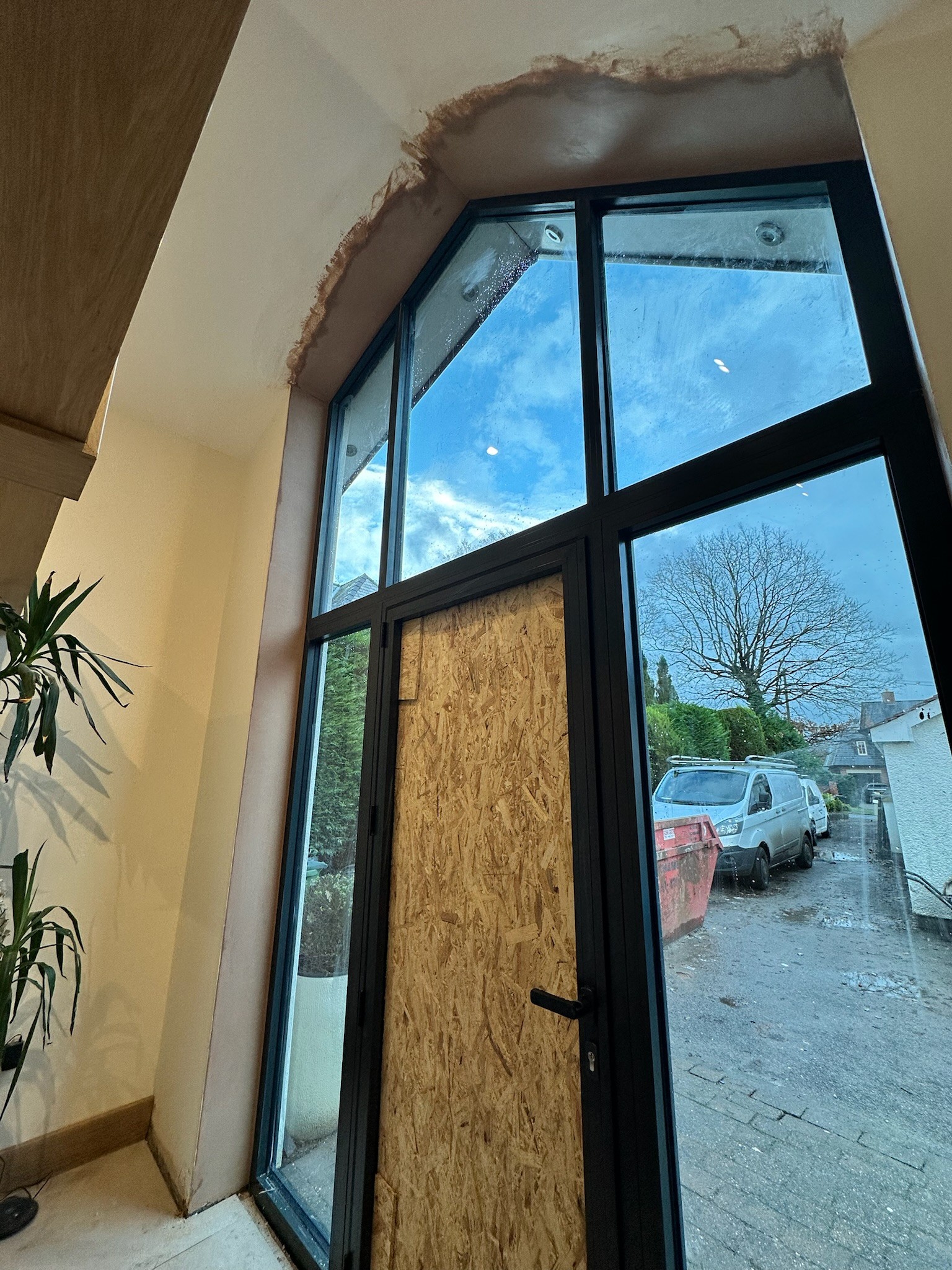 Patching work on entrance door.