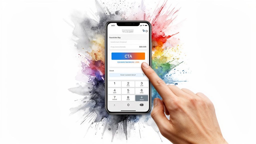 A hand interacts with a smartphone displaying a mobile app interface and a numerical keypad, set against a vibrant watercolor splash background.