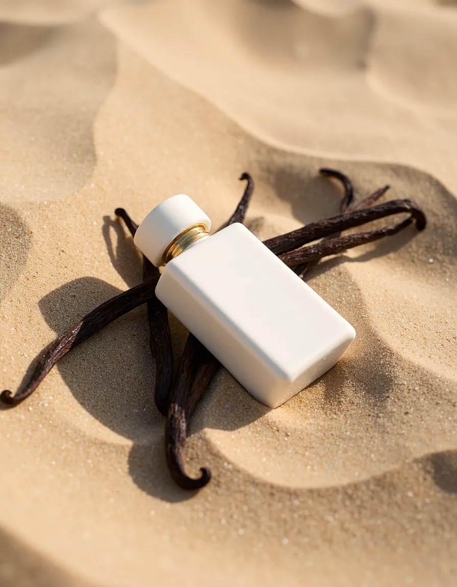Elegant white perfume bottle with gold accent resting on sandy beach with vanilla pods, creating luxurious summer product styling.