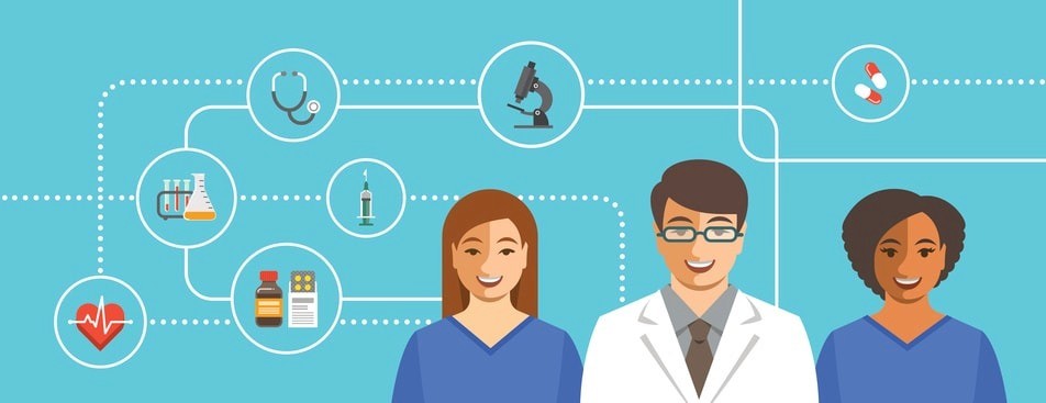 A group of medical technologists collaborating in a lab setting.