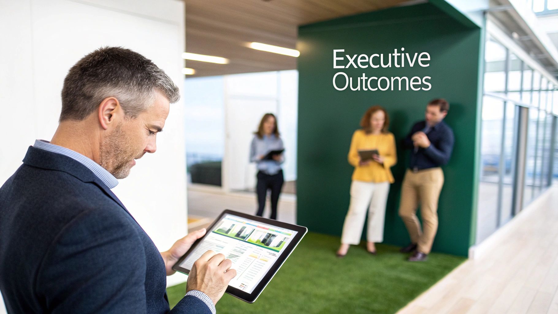 A man reviews data on a tablet while colleagues stand near a wall labeled 'Executive Outcomes'.
