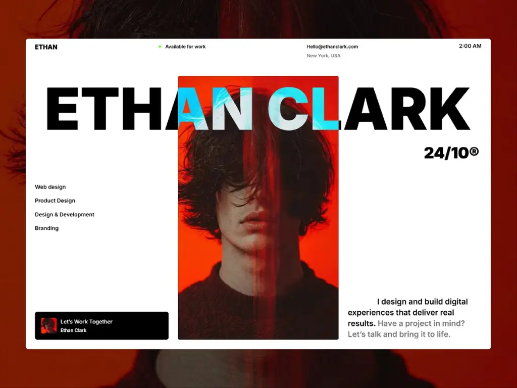 Featured preview of Ethan, a creative portfolio Framer template featuring a modern designer homepage with bold typography and editorial-inspired visuals.