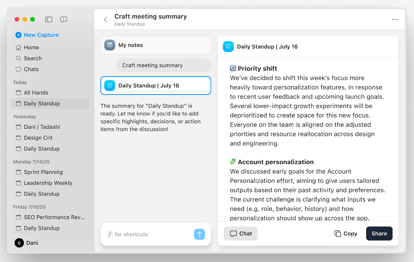 Screenshot of Radiant showing an AI-generated meeting summary for a Daily Standup, with sections for priority shifts and account personalization, alongside a sidebar of recent meetings.