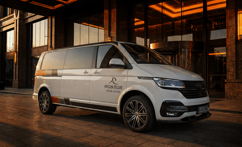 Ein weißer Minivan mit getönten Scheiben parkt vor einem Gebäude mit Glastüren und dem Logo „Rikscha Deluxe“.