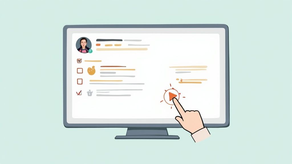 A person using a laptop to flag a review on a Google Business Profile page, pointing at the screen.