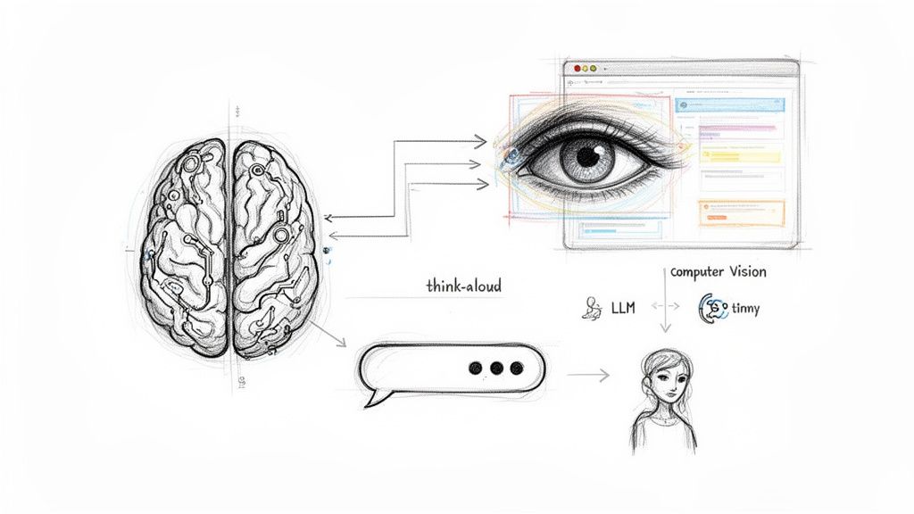 Diagram illustrating a comparison between human perception and AI processing for visual UI understanding and thought generation.