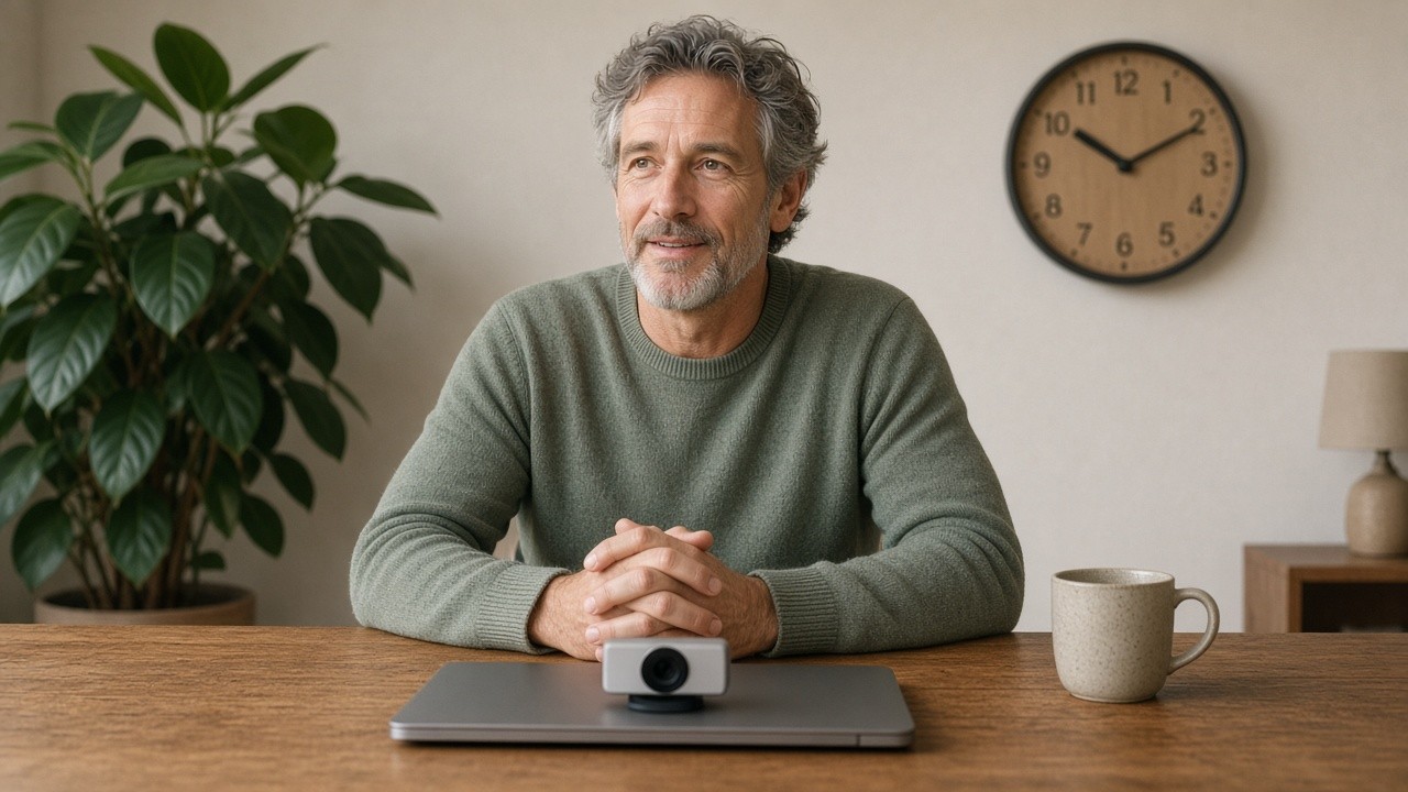 The image shows a middle-aged man with gray curly hair and a beard, wearing a green sweater, sitting at a wooden table. In front of him is a closed laptop with a webcam mounted on top, suggesting he is engaged in a video conference or online meeting. To his right, there is a beige coffee cup. In the background, a large green potted plant is visible on the left, while a round wall clock and a lamp are seen on the right. The setting appears to be a warm, professional home office or casual workspace suitable for remote work or online communication.