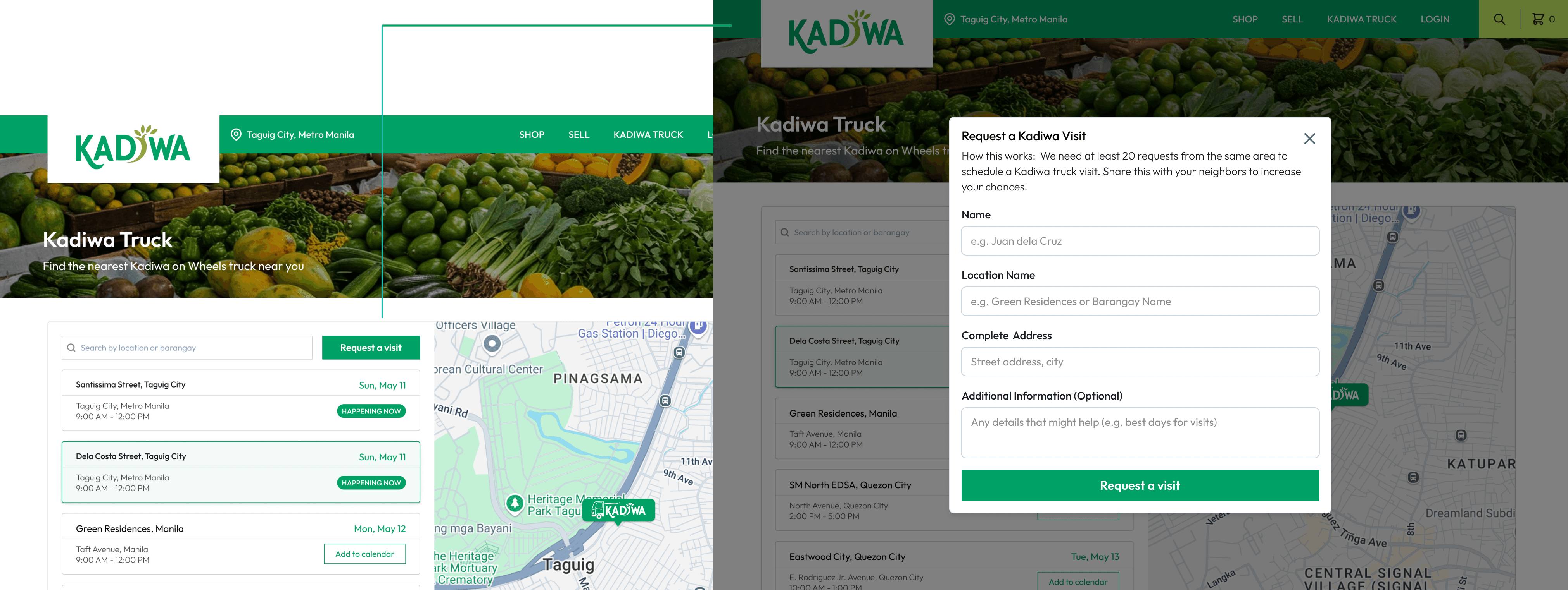 Kadiwa Truck locator with an open "Request a Kadiwa Visit" modal form allowing users to submit their information to schedule a mobile market visit in their area.