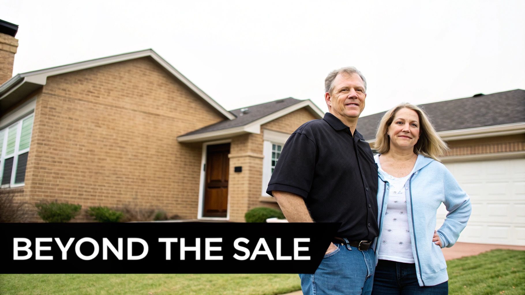 Smiling middle-aged couple standing proudly in front of their brick house, representing homeownership.