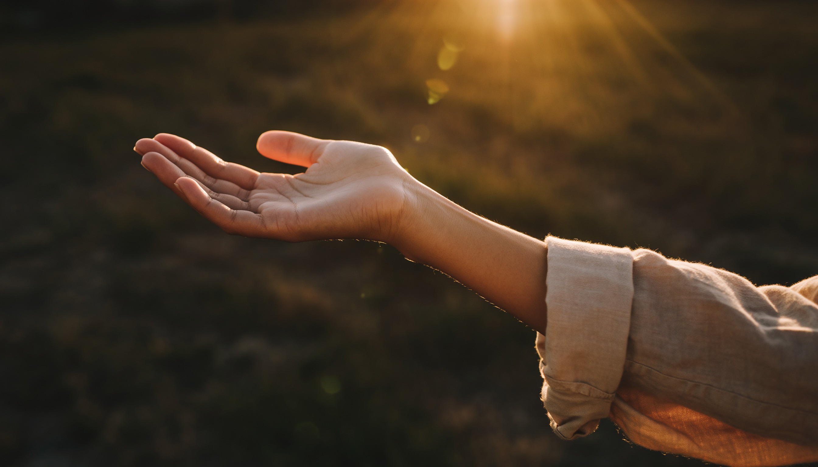 Open hand reaching towards warm sunlight outdoors.