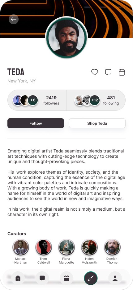 An artist profile page displaying the artists network, a short bio and tools to connect directly.