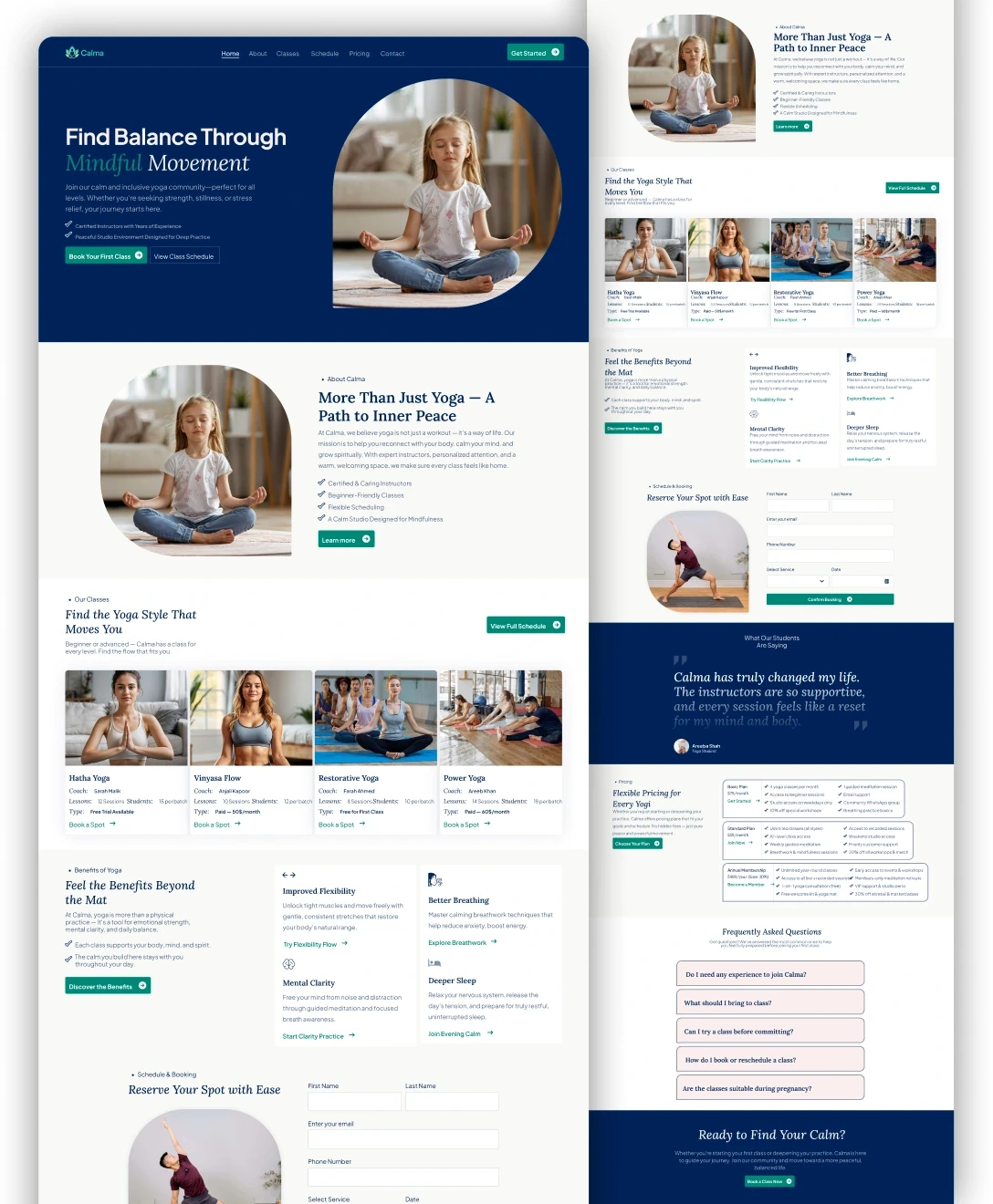 A well-organized yoga website homepage featuring a calming color palette with sections highlighting mindfulness practices, various yoga styles, testimonials, and class scheduling options, all designed to promote balance and inner peace.