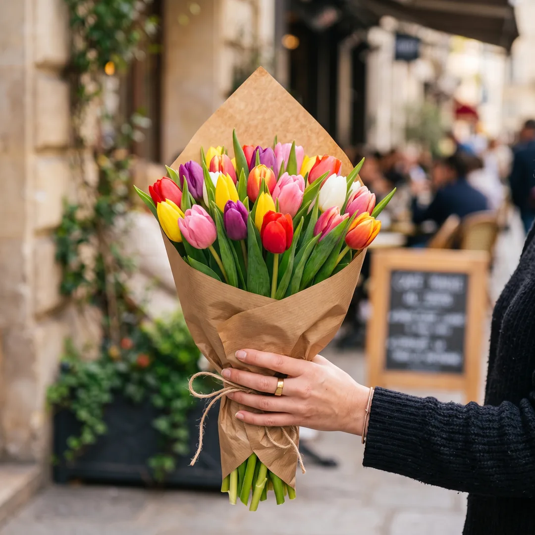 A hand holding a bouquet of tulips in kraft paper
