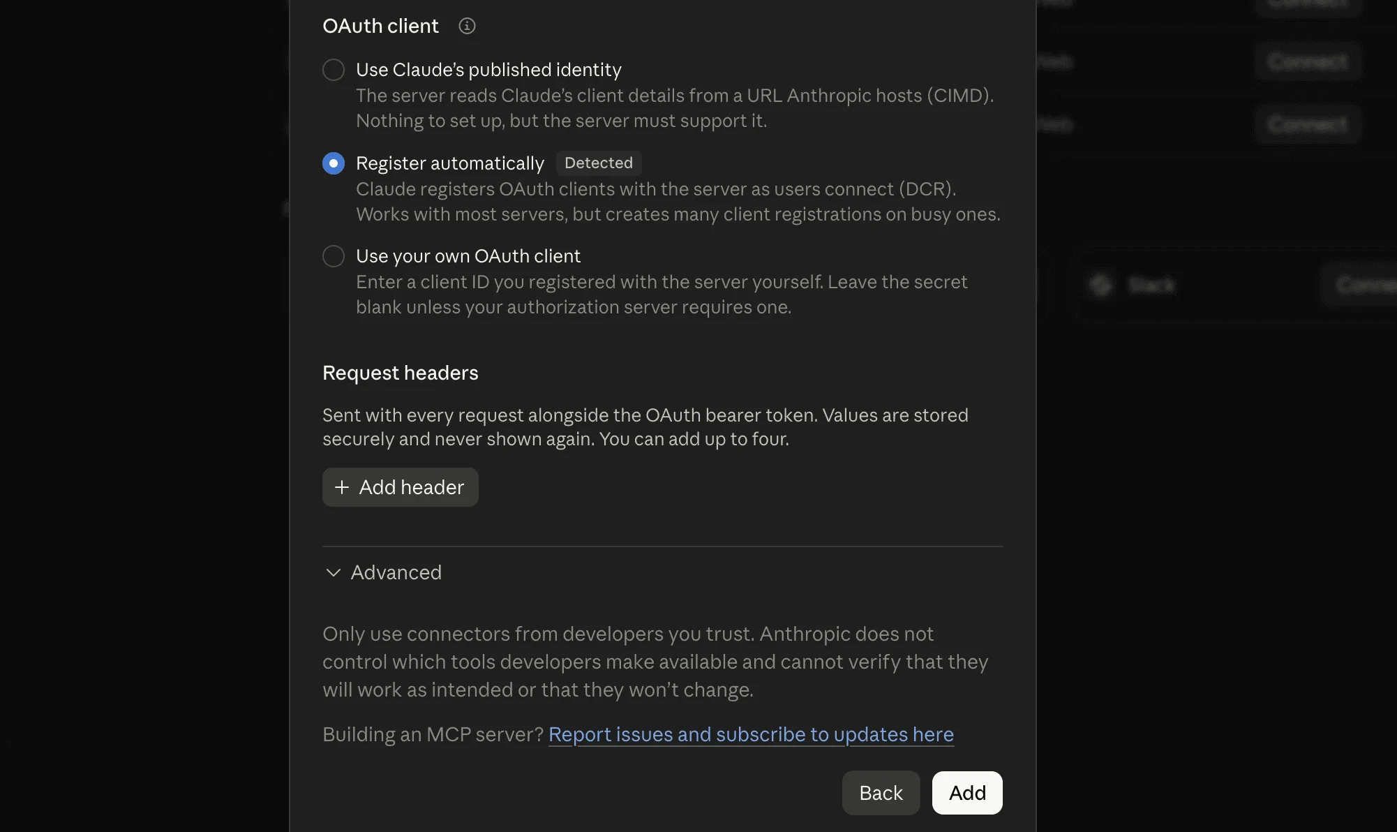 Custom connector settings with the Add button