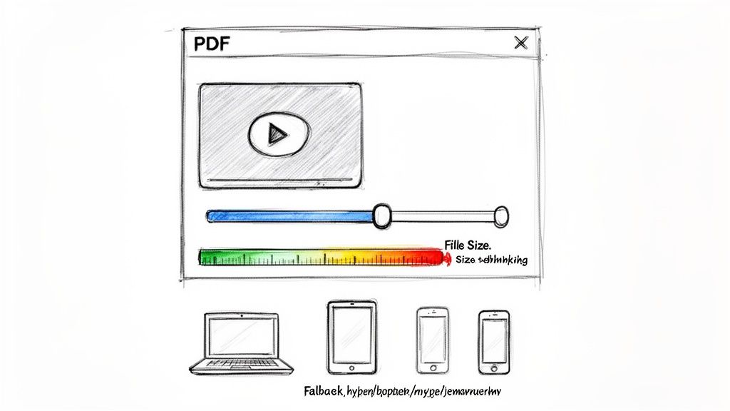 A sketch of a PDF window with an embedded video player, file size controls, and various mobile devices.