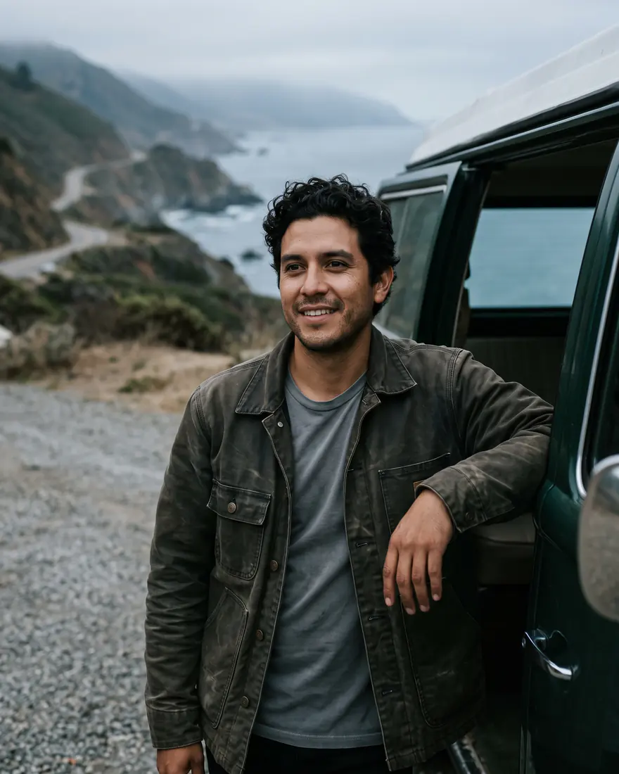 Tomás Reyes leaning on his van above the coast road
