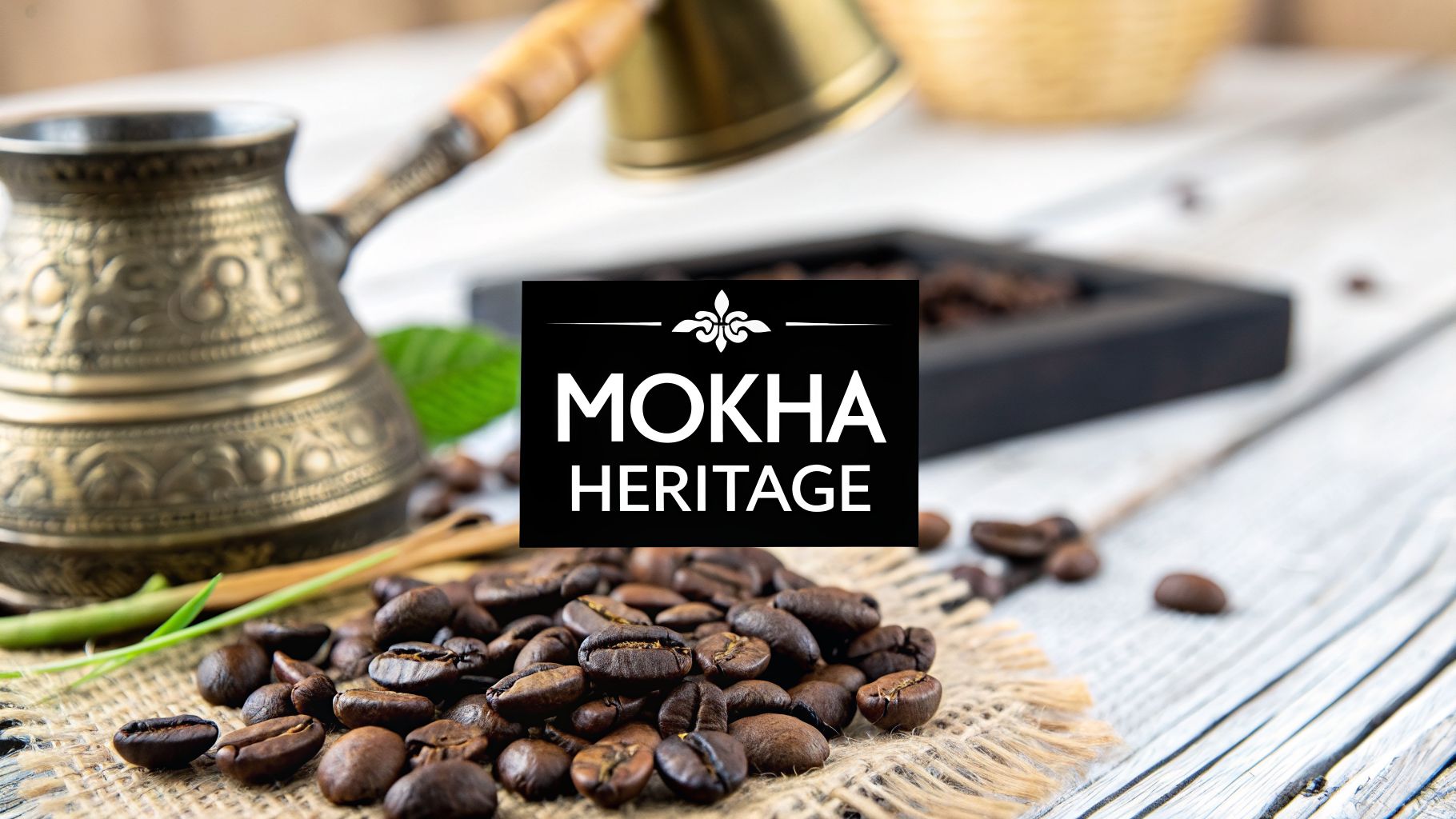 A close-up of dark roasted coffee beans, a traditional cezve, and the "MOKHA HERITAGE" logo.