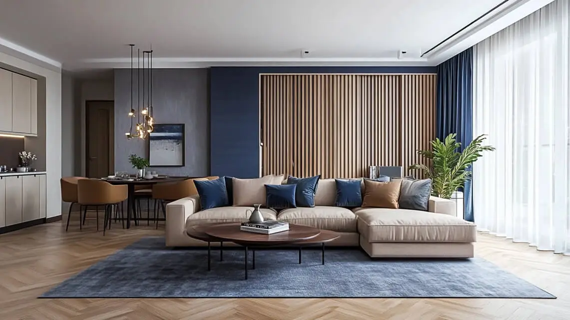 Modern open-concept living room with a beige sectional sofa, blue and brown cushions, wooden slat wall, and contemporary d