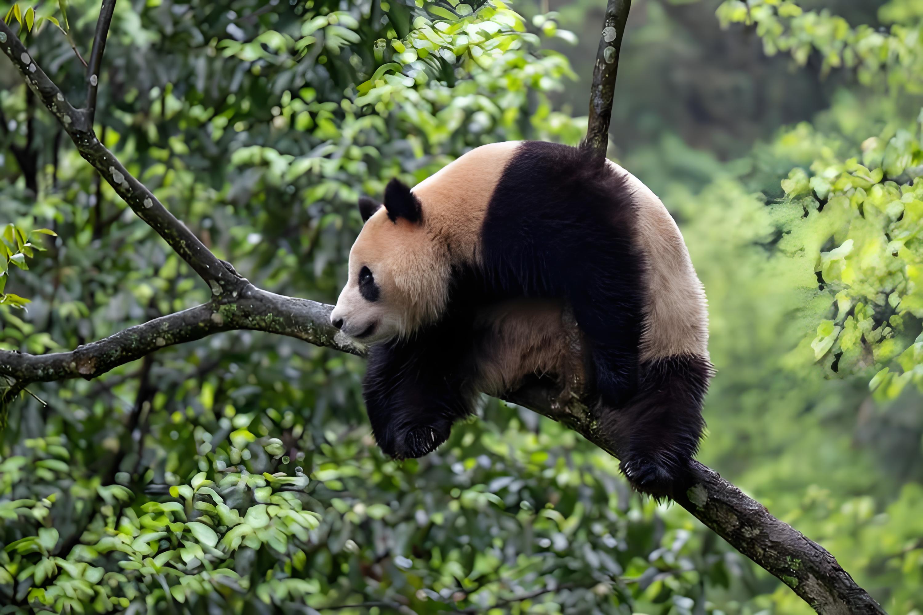A giant panda sitting in its natural alpine habitat at Wolong Shenshuping Base with mountains in the background.