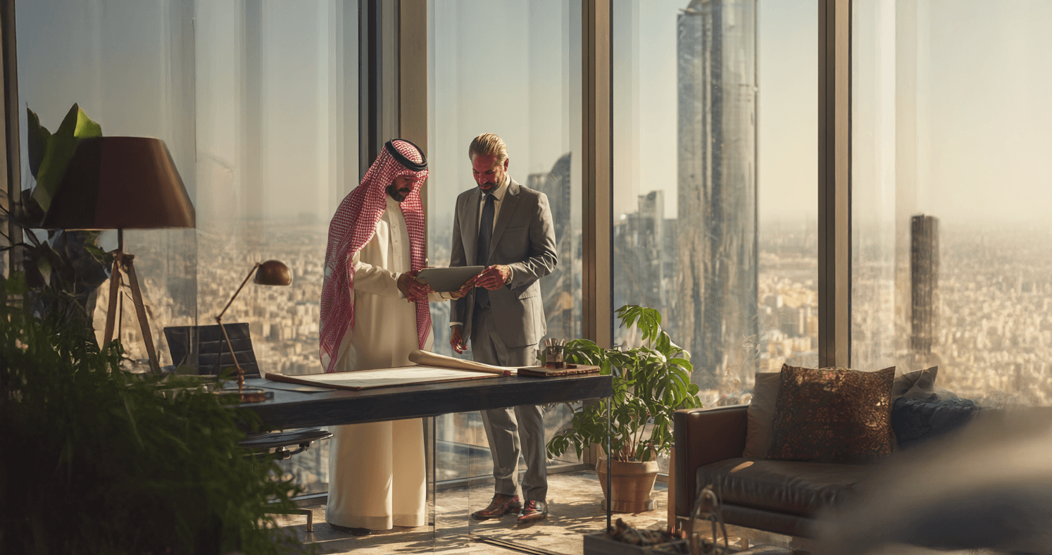 Saudi businessman in thobe and Western executive in suit reviewing tender plans on tablet in modern corner office with panoramic Riyadh skyline