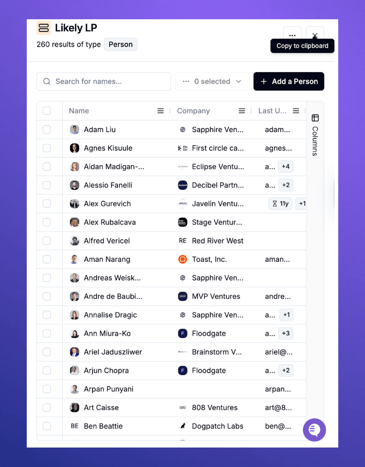 Shared relationship view showing who knows whom and the strength of those connections across the team.