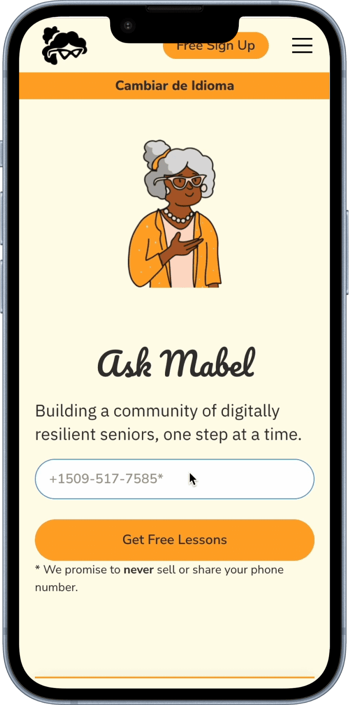 Ask Mabel App mockup of home screen with tagline, building a community of digitally resilient seniors, one step at a time. Button shows "get free lessons". 