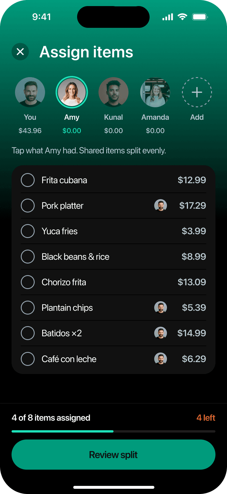 Assign items, Amy selected, 5 taps in