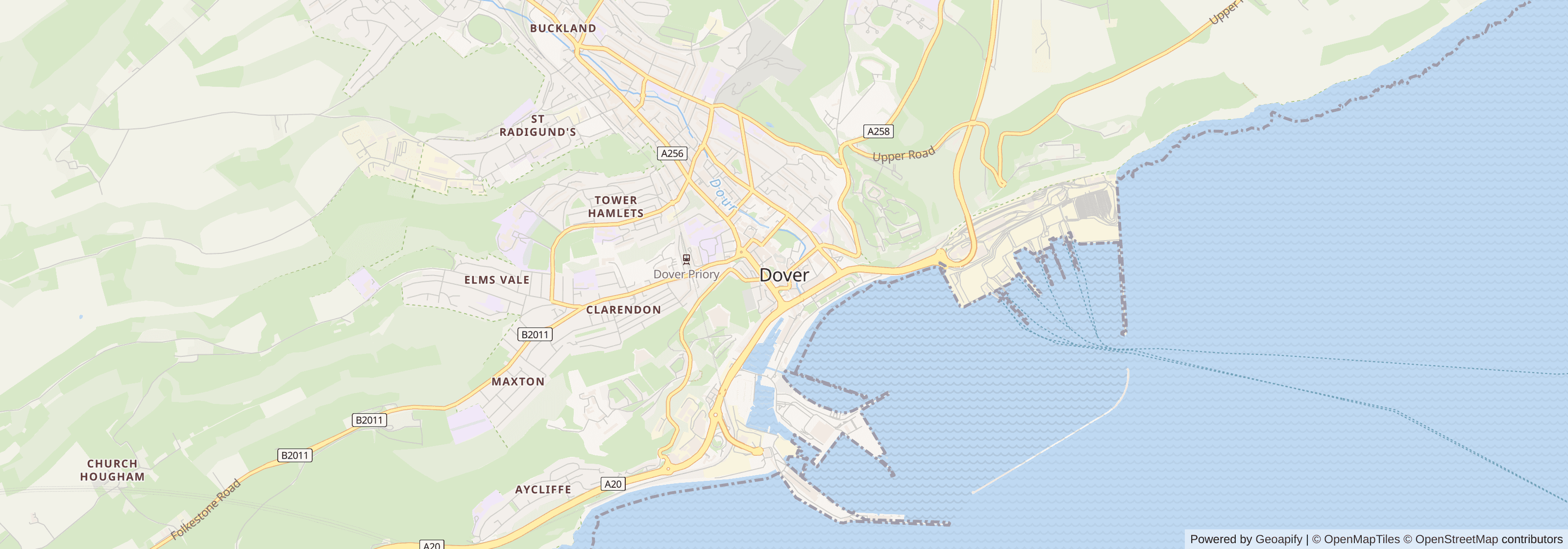 Street map of Dover, Kent showing main roads and nearby areas