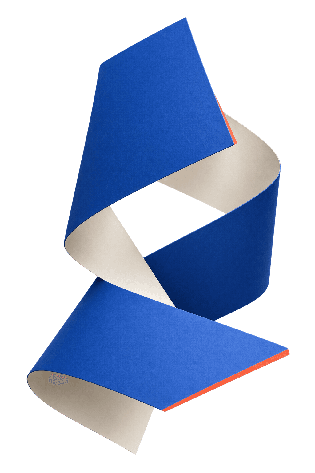 An original cobalt and warm white paper sculpture, twisted through an open centre with fine coral edges.