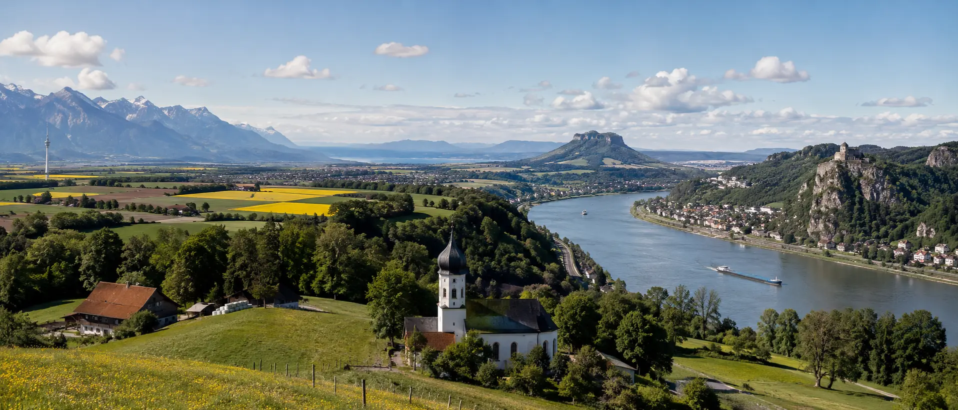 Vielfältige deutsche Landschaft mit Alpen, Flussregion, Norddeutscher Ebene und Mittelgebirge