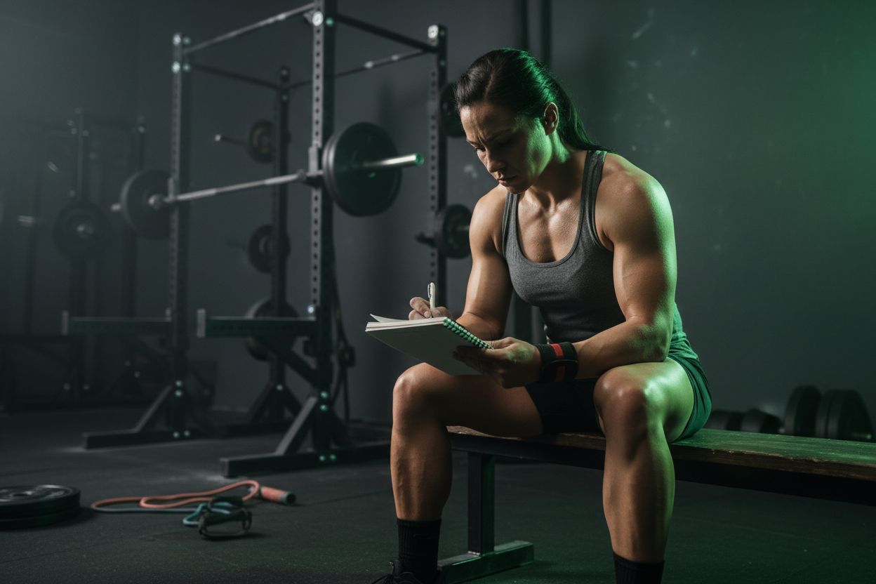 A strength athlete reviewing squat training notes