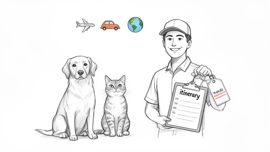 Smiling courier with a dog and cat, holding an itinerary and travel tags, with transport icons.